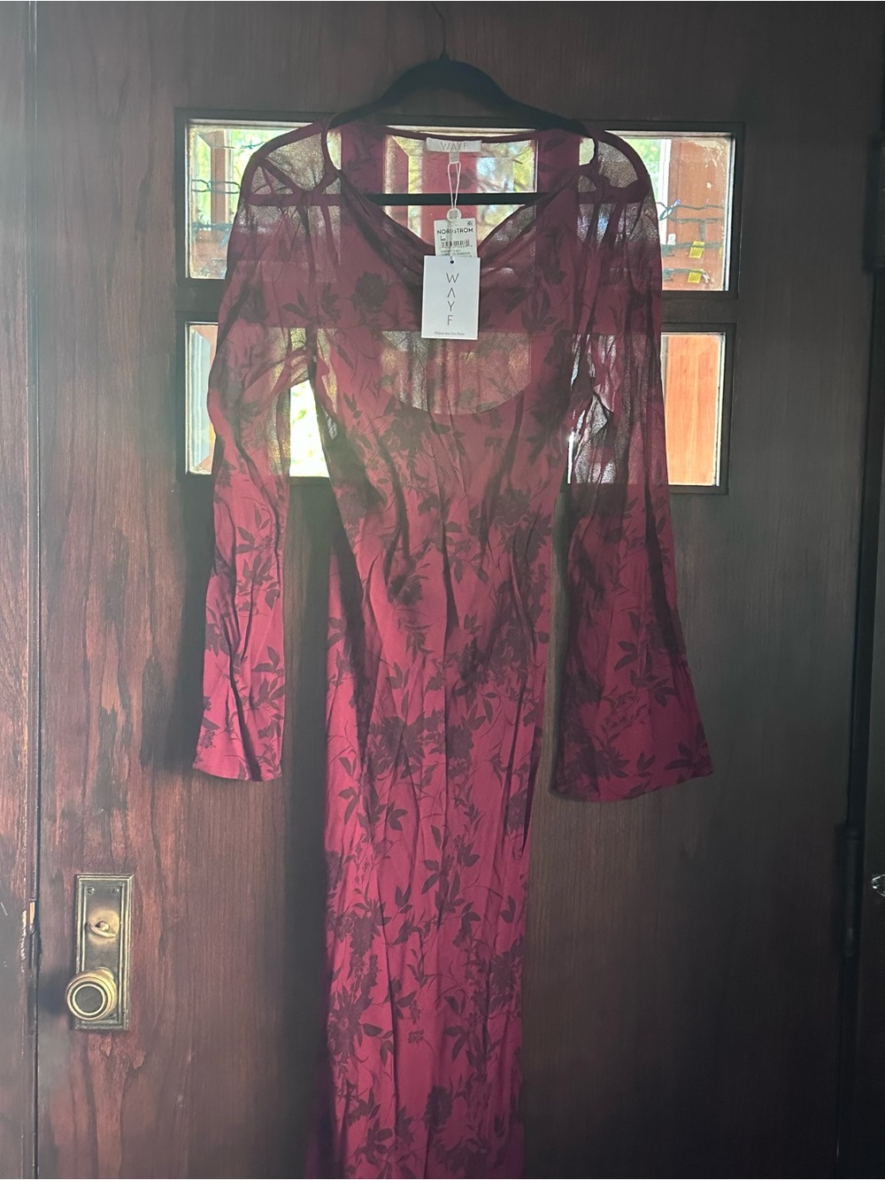 Wayf Burgundy Floral Lace Maxi Dress with Long Sleeves
